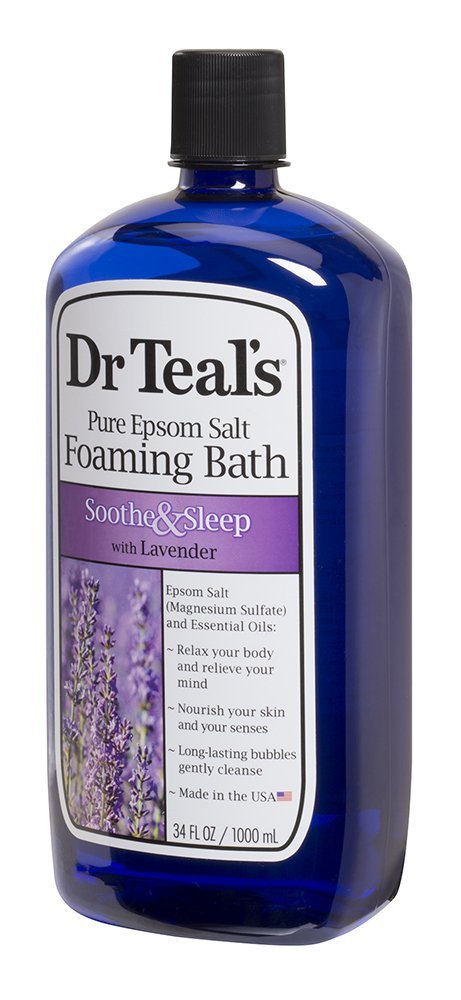 Dr Teal's lavender bottle close-up displaying label and calming scent benefit