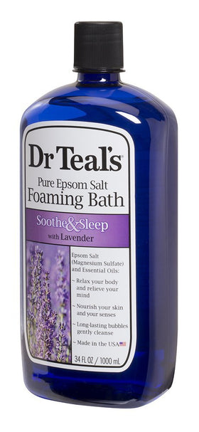 Dr Teal's lavender bottle close-up displaying label and calming scent benefit