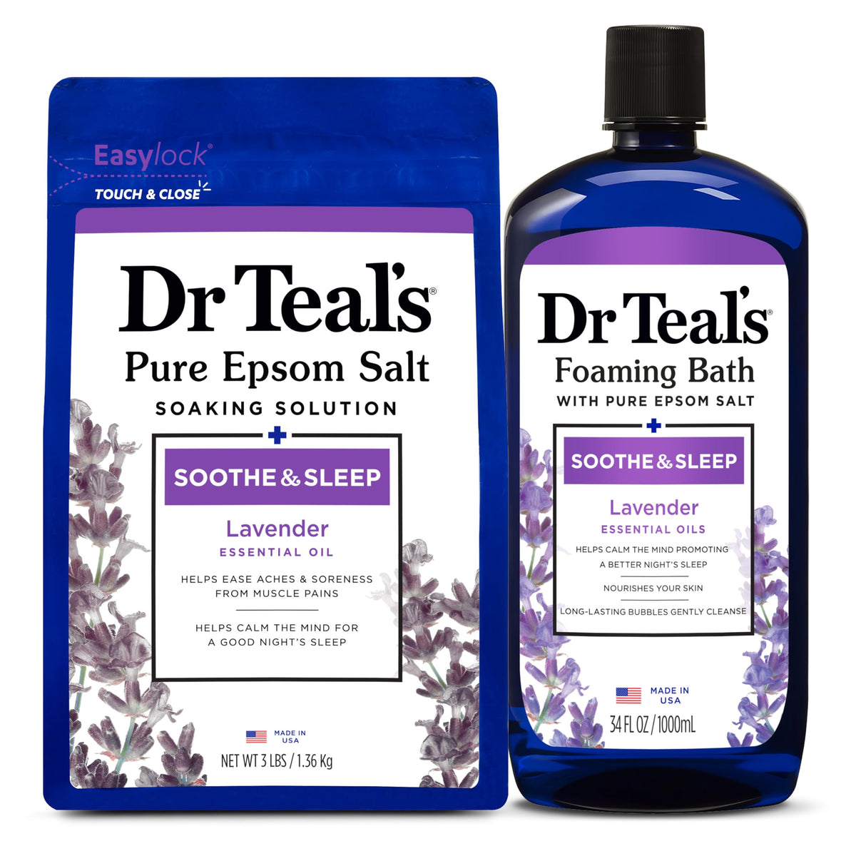 Dr Teal's front packaging showing lavender duo and relaxation benefit
