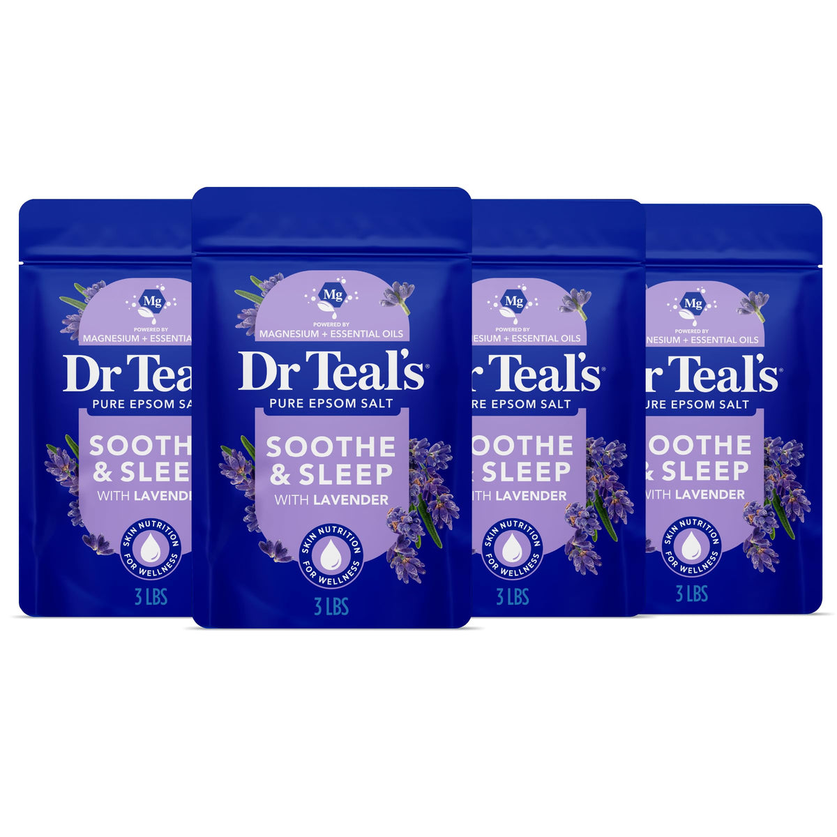 Dr Teal's front packaging showing 3 lb tub and lavender label for easy identification