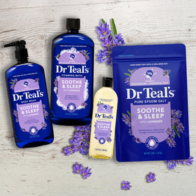 Stylized bathroom scene with Dr Teal's tub creating a tranquil lavender-scented soak