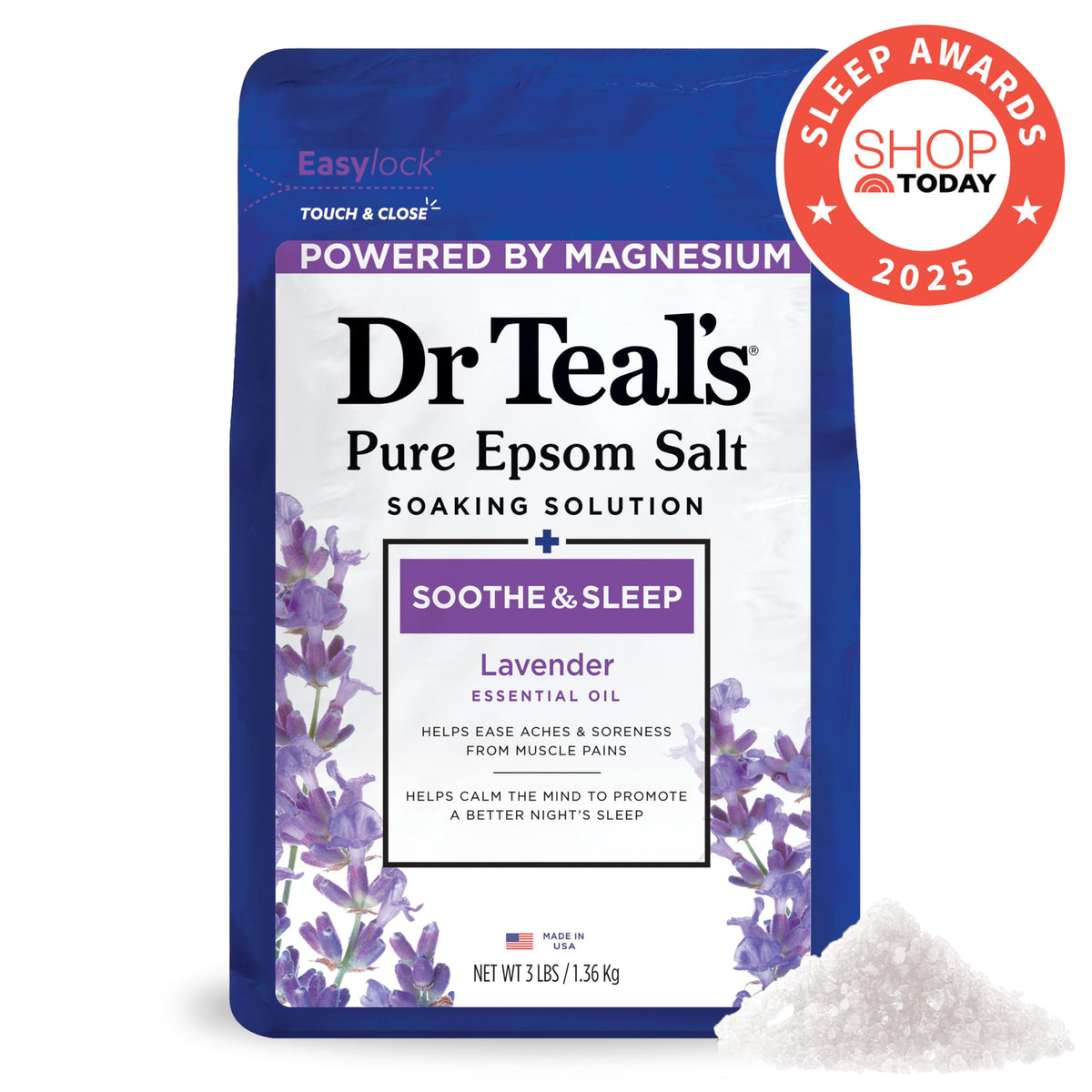 Dr Teal's lavender Epsom salt granules texture for soothing soaks