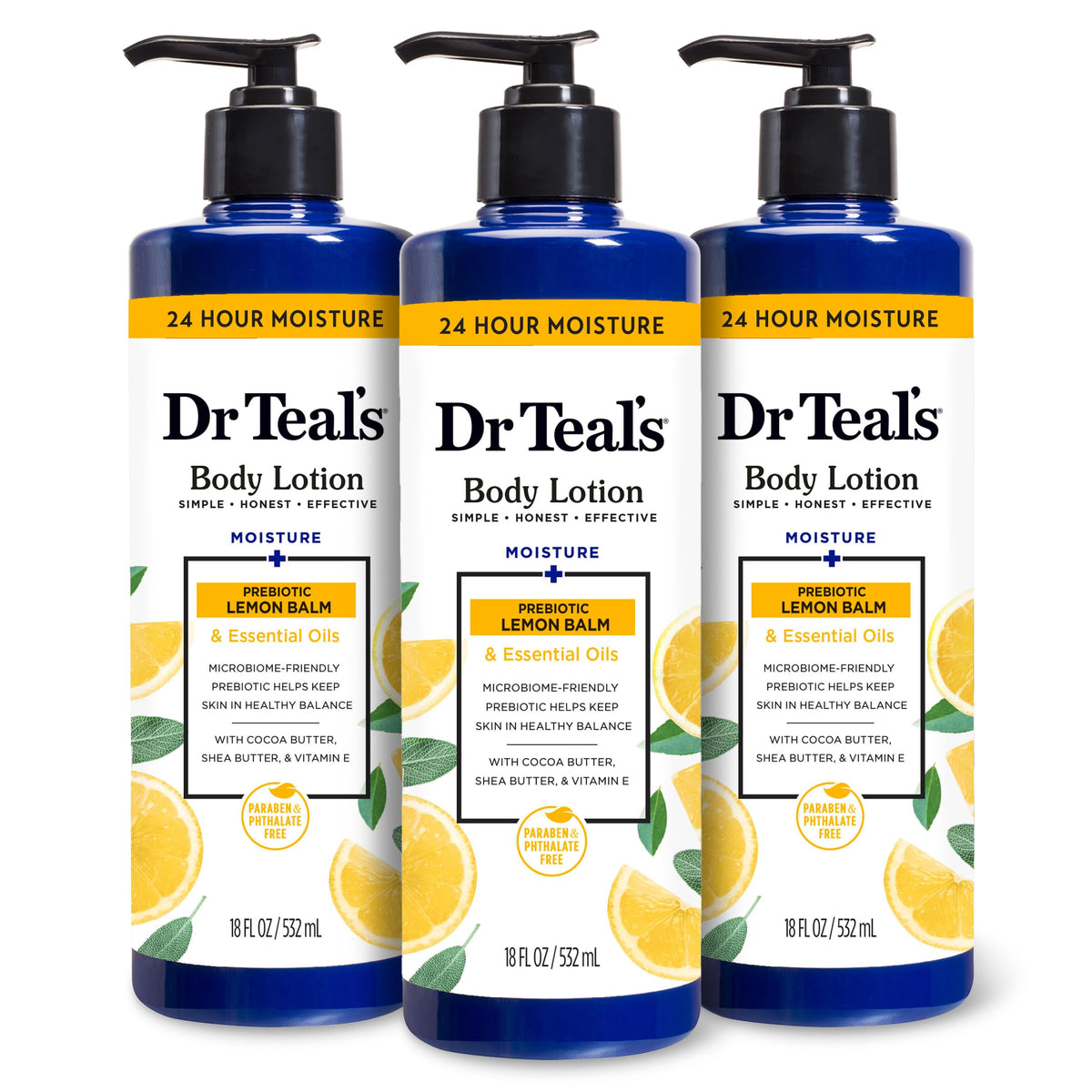 Dr Teal's front bottle showing label and lemon balm benefits