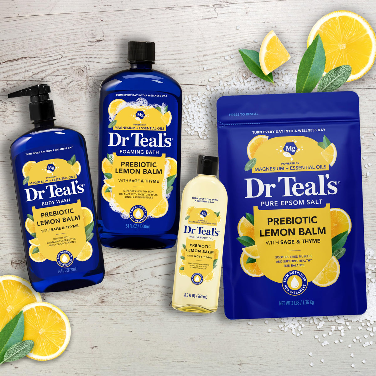 Dr Teal's salts staged in a bathroom for a relaxing at-home spa scene