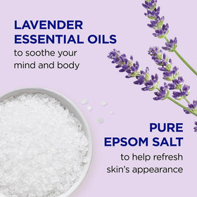 Dr Teal's jar beside bathtub displaying relaxing lavender routine benefit