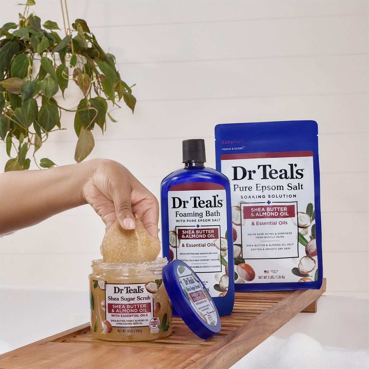 Dr Teal's jar with towel in lifestyle shot showing at-home spa relaxation benefit