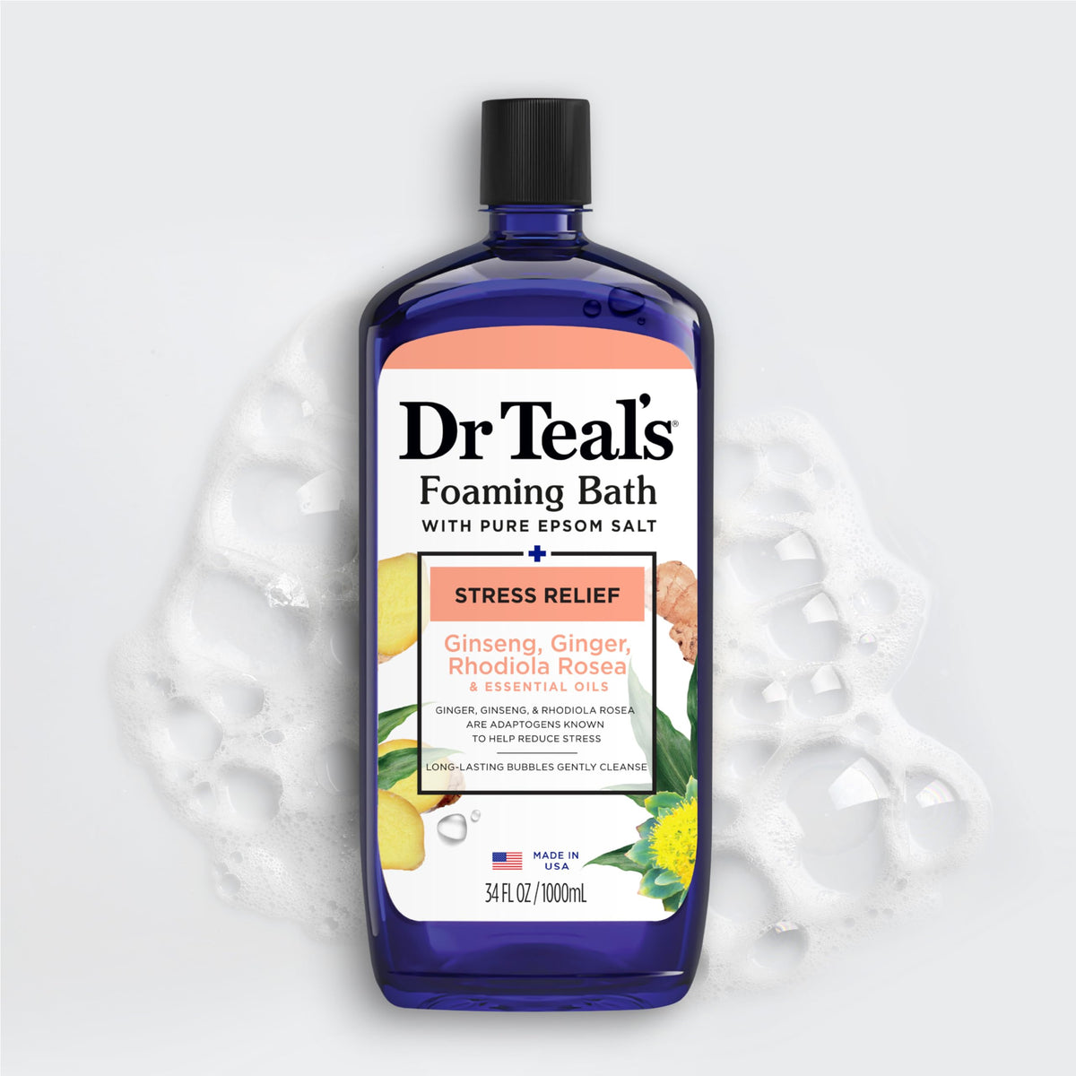 Fresh ginger and ginseng roots beside Dr Teal's bottle highlighting botanical blend