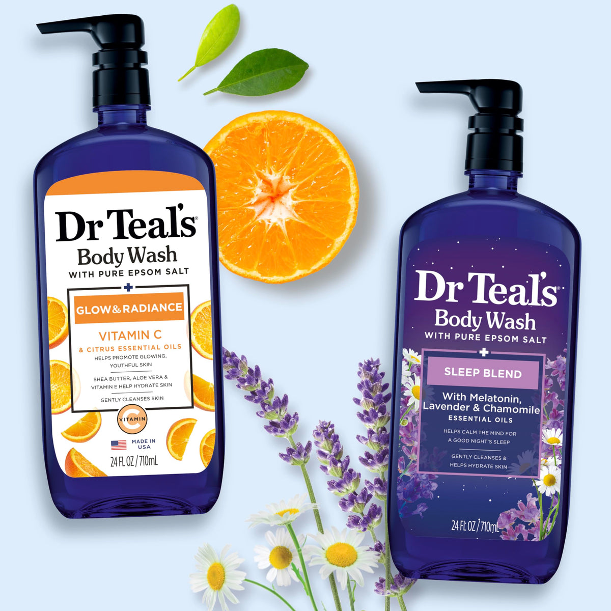 Dr Teal's bottle in dim bathroom with lavender suggesting calming sleep benefit