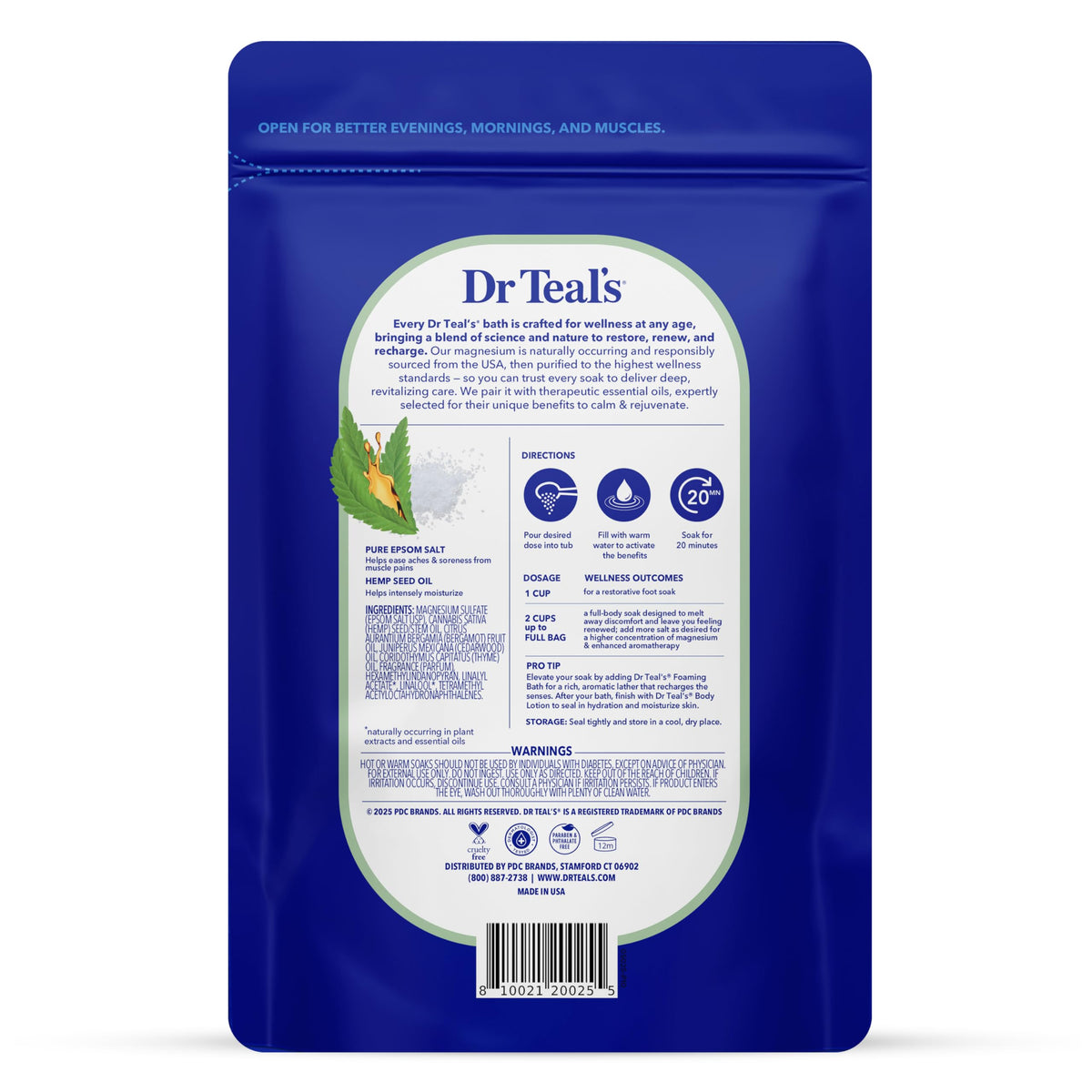Dr Teal's open jar revealing coarse Epsom salt texture for easy dissolving