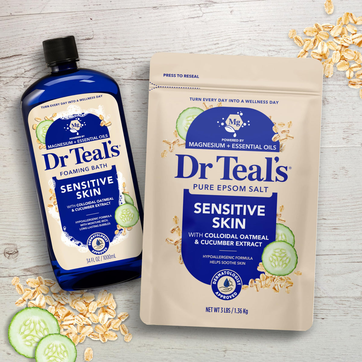 Dr Teal's product beside foaming bath to suggest complementary routine