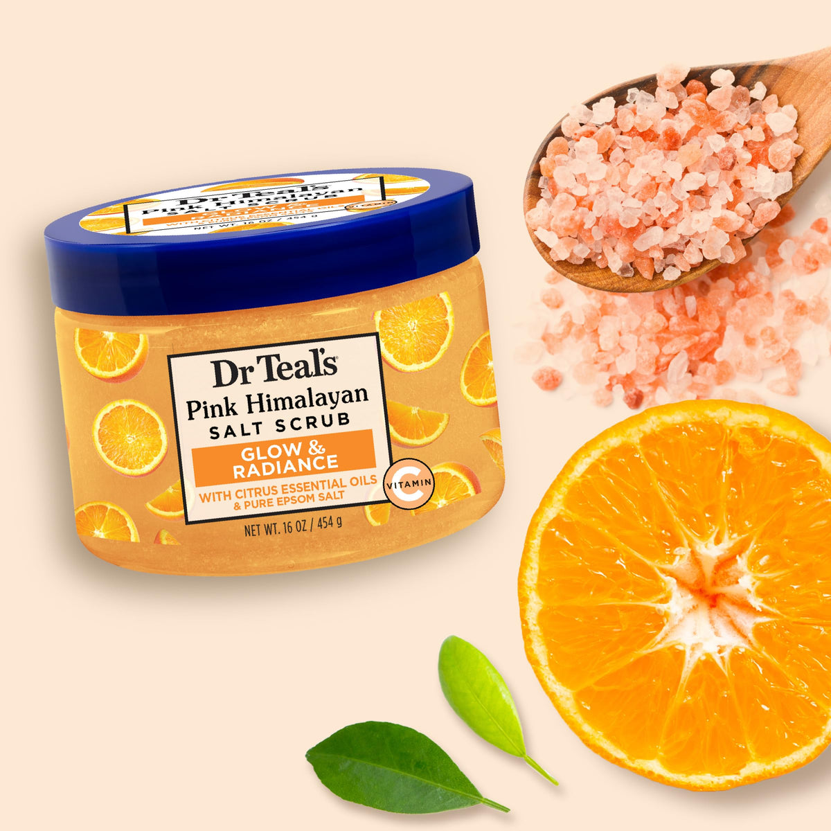 Dr Teal's salts and citrus fruits displaying natural ingredient benefits