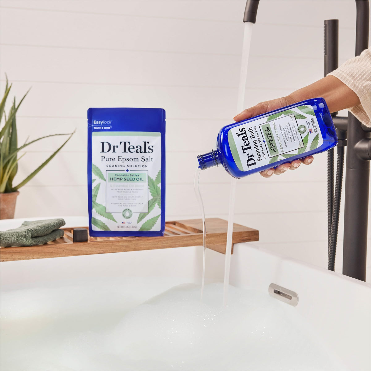 Dr Teal's pour into tub showing foam activation and aromatic diffusion