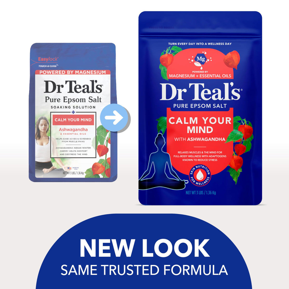 Dr Teal's pouring salt into bath emphasizing easy use and fast dissolving benefit