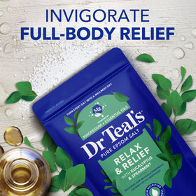 Dr Teal's rosemary and mint pouch placed in a bathroom to show soothing post-work soak