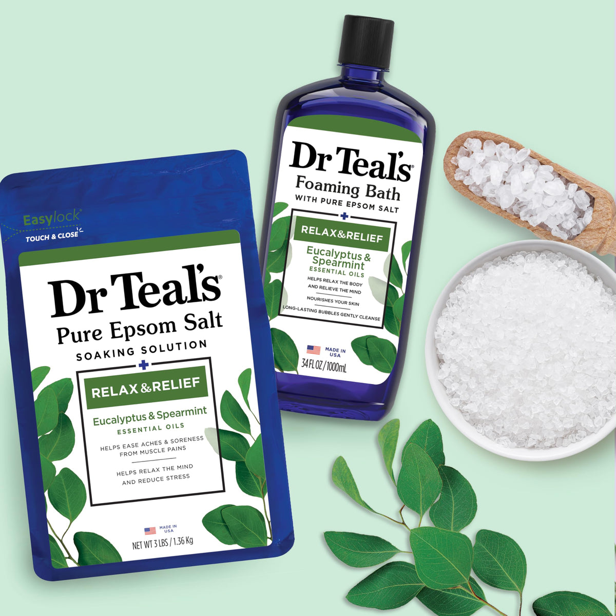 Dr Teal's salt granules in hand illustrating texture and dissolving ease