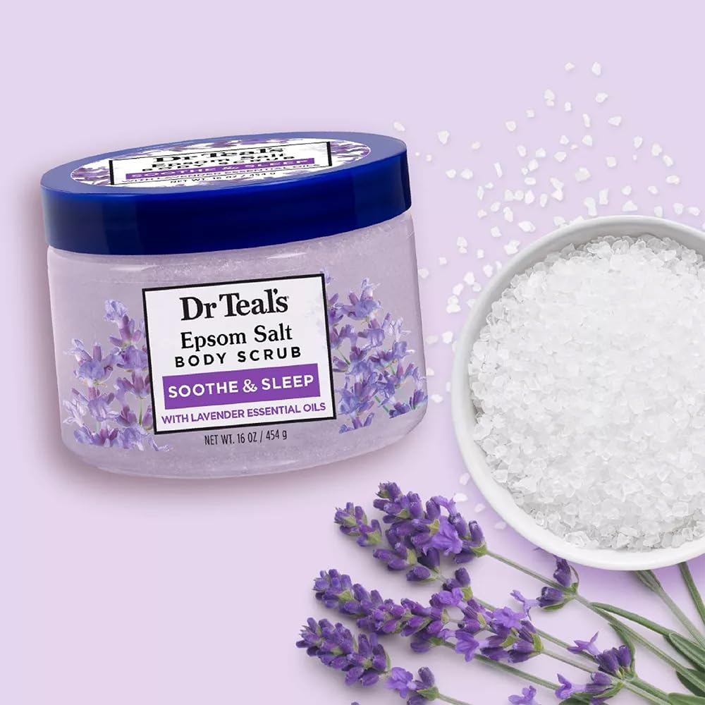 Dr Teal's scrub in hand demonstrating application and easy exfoliation benefit