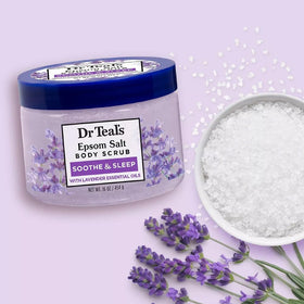 Dr Teal's scrub in hand demonstrating application and easy exfoliation benefit