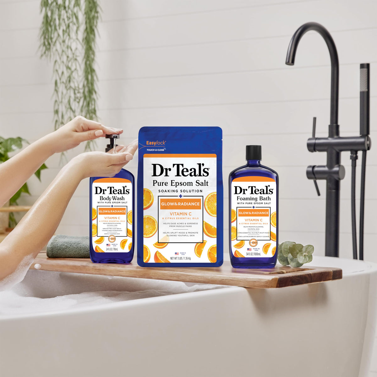 Dr Teal's paired with Epsom salt scrub to illustrate exfoliation and muscle relief