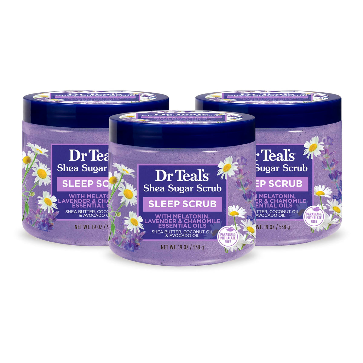 Dr Teal's front packaging showing soothing sleep-focused scrub benefits