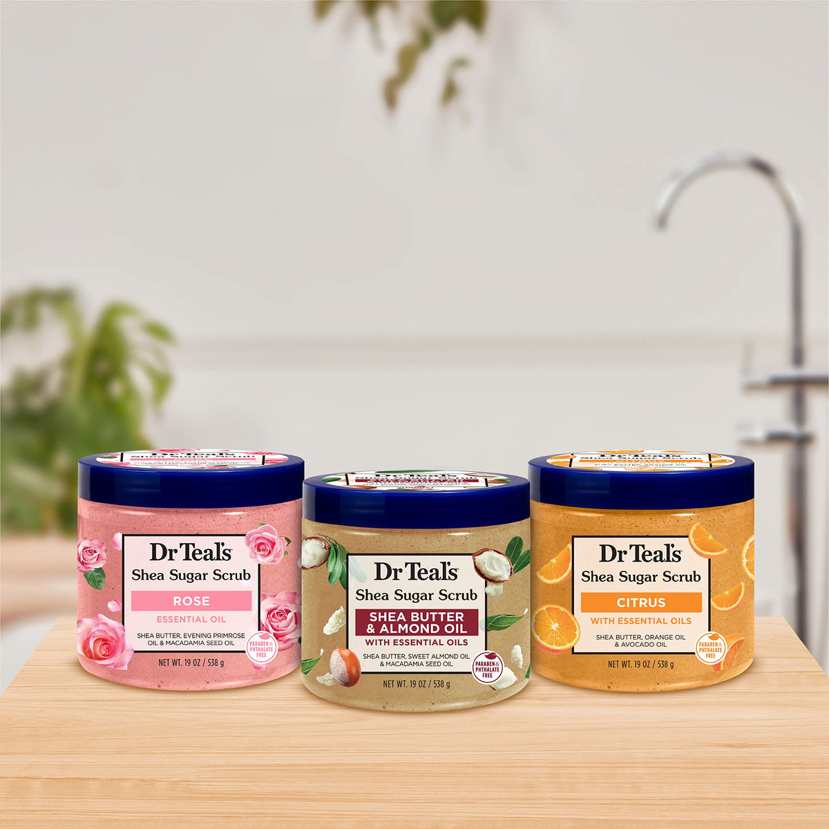 Dr Teal's jar beside hand showing scale and full-size 19 oz convenience