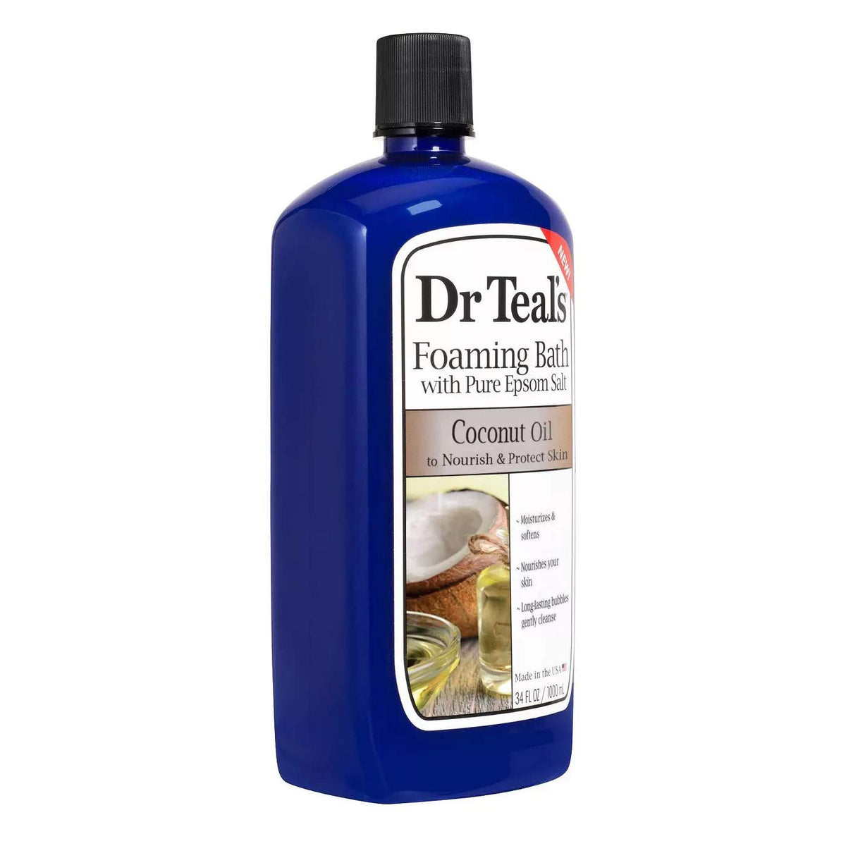 Dr Teal's two 34oz bottles held in hand to show scale and long-lasting supply benefit