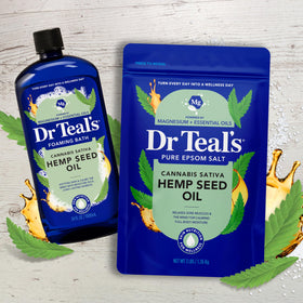 Dr Teal's jar beside a common bottle to show size and storage scale