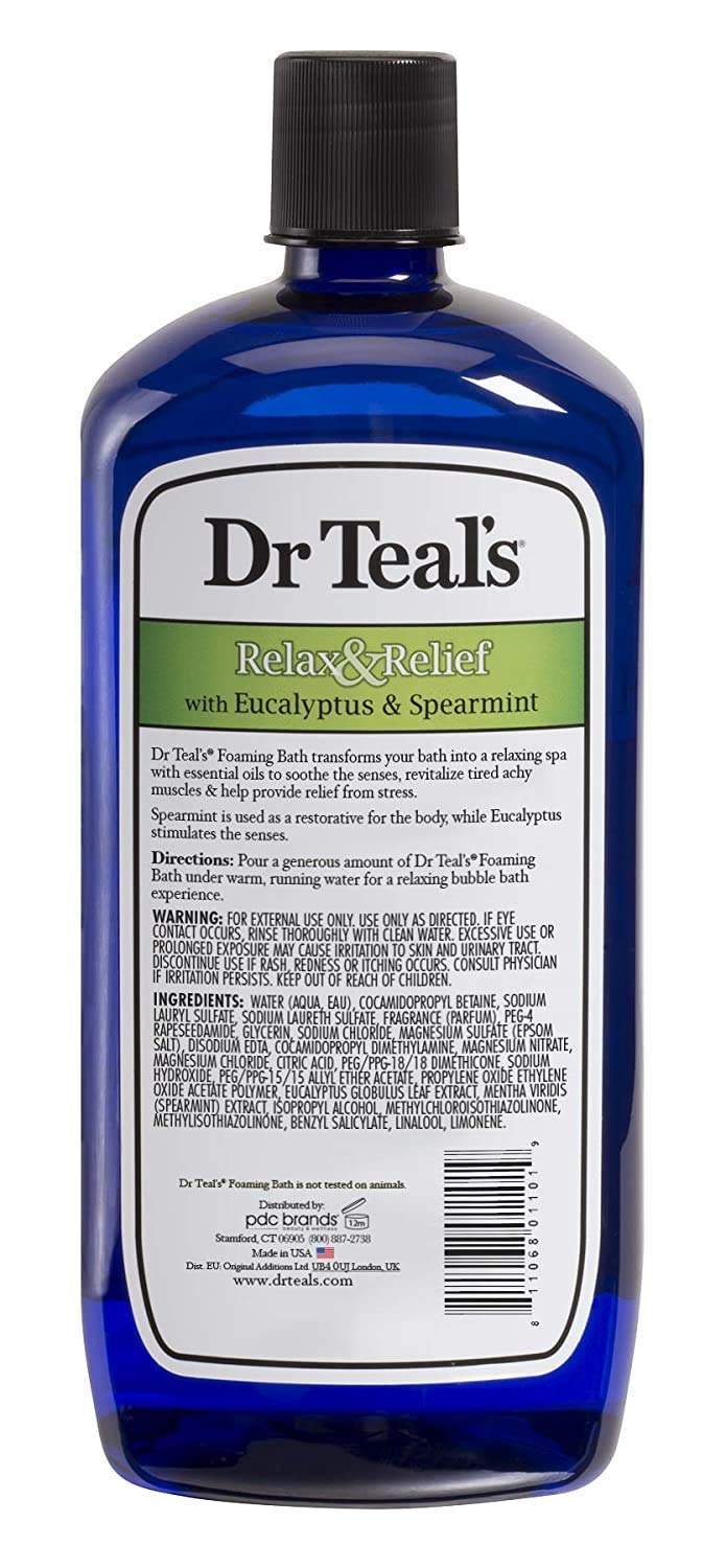 Dr Teal's bottles beside towel showing size and value for frequent bathers
