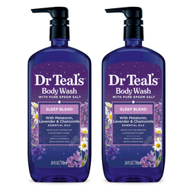 Dr Teal's front packaging showing dual 24 fl oz bottles and calming colors