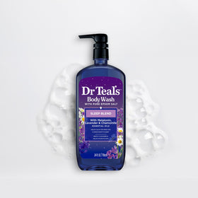 Dr Teal's label detail close-up showing melatonin, essential oils, and claims