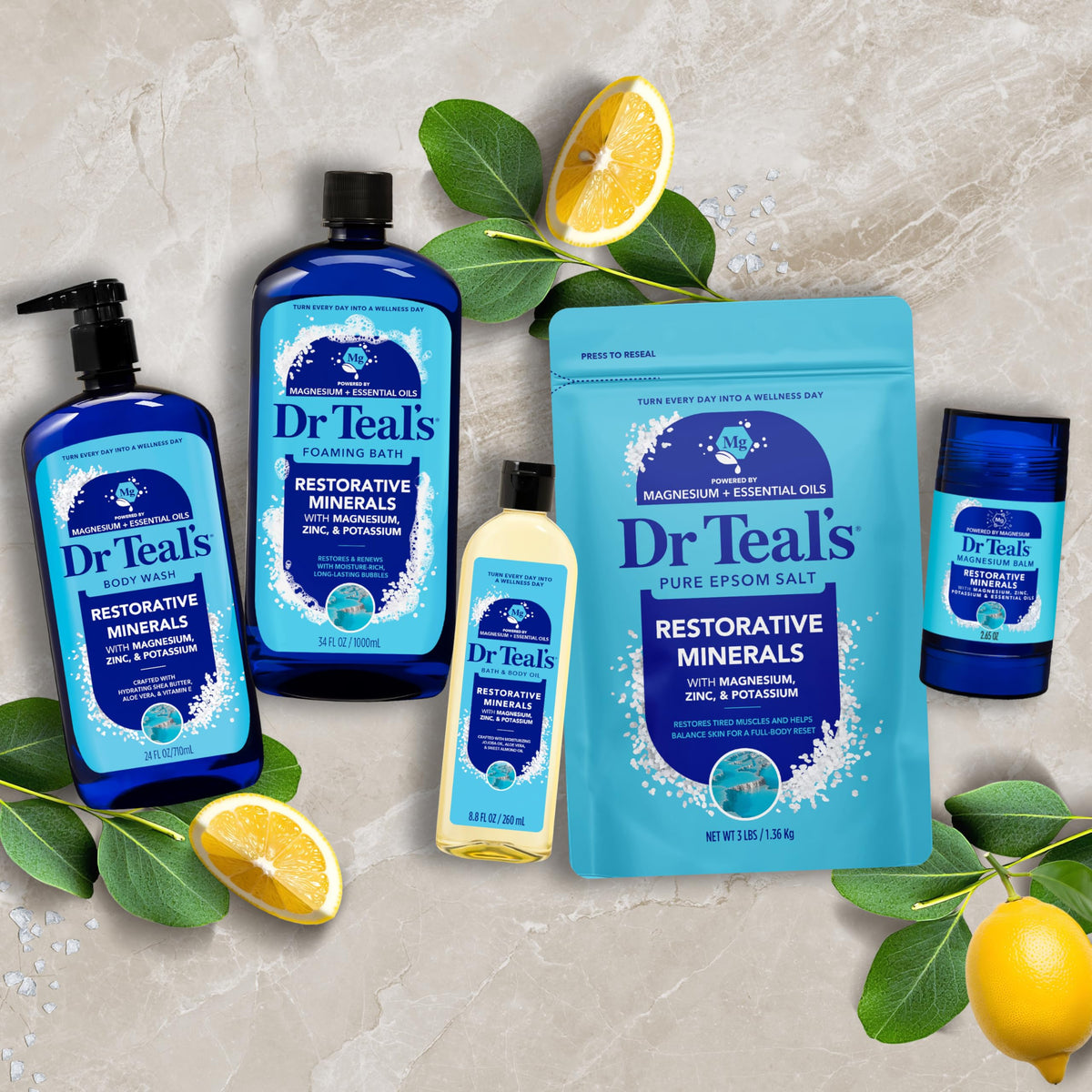 Dr Teal's soak in tub with foam showing calming soak benefit