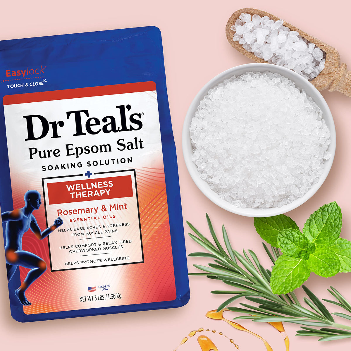 Dr Teal's spa arrangement with towels and bottles, evokes relaxing routine