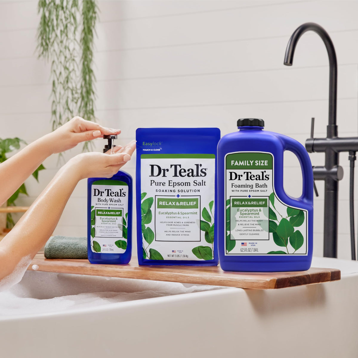 Dr Teal's creamy lather on skin showing gentle cleansing and moisturizing results