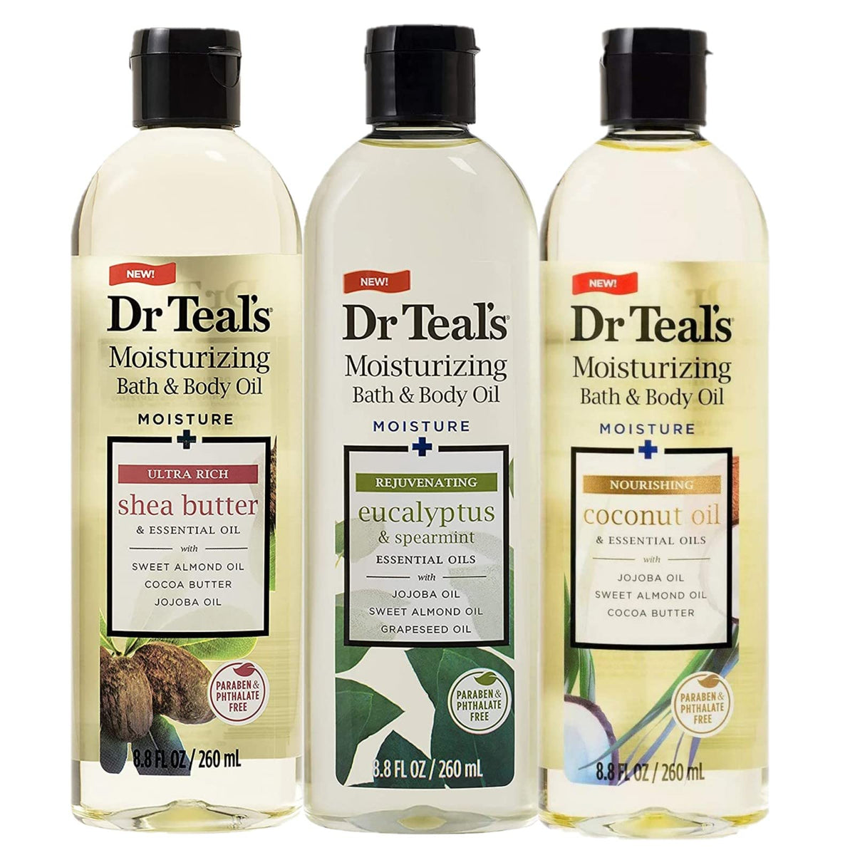 Dr Teal's three-bottle set front view showing variety and gift-ready packaging