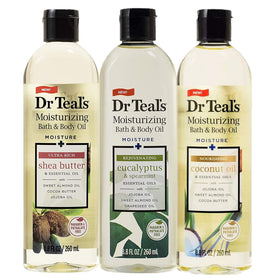 Dr Teal's three-bottle set front view showing variety and gift-ready packaging