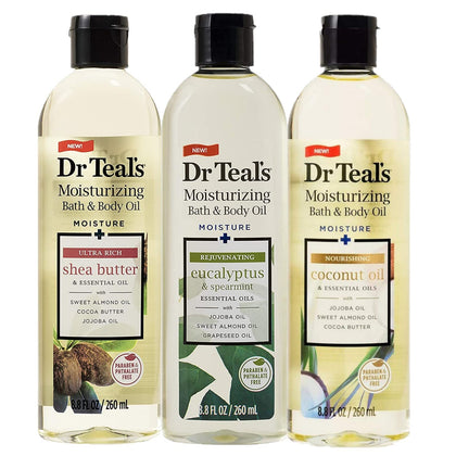 Dr Teal's three-bottle set front view showing variety and gift-ready packaging