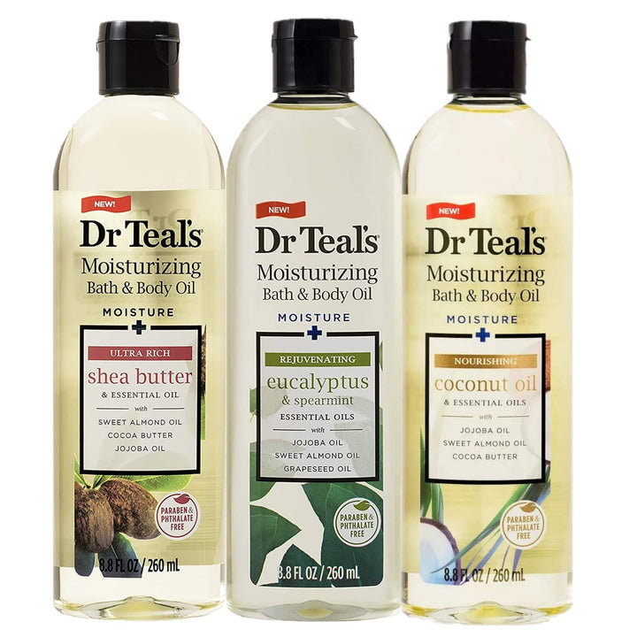 Dr Teal's three-bottle set front view showing variety and gift-ready packaging