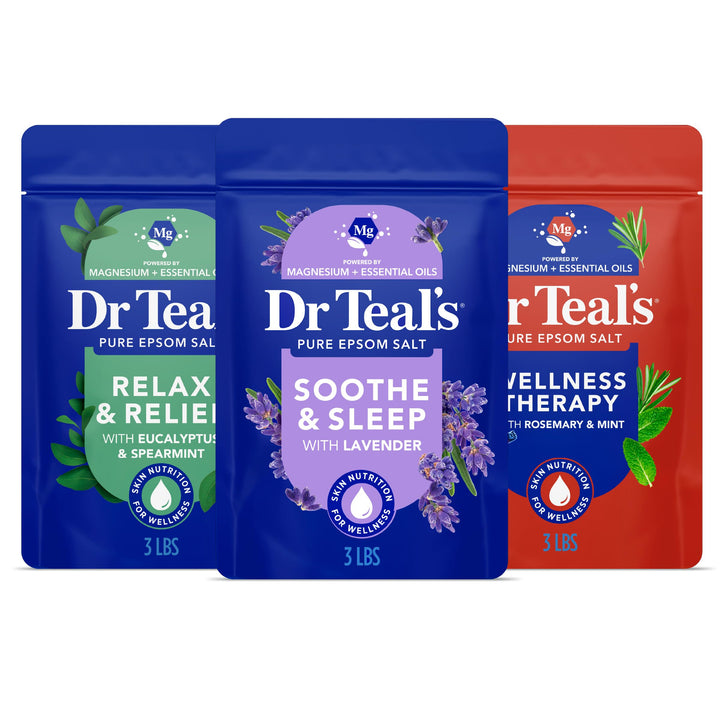 Dr Teal's trio front packaging showing three 3 lb pouches for scent variety and convenience