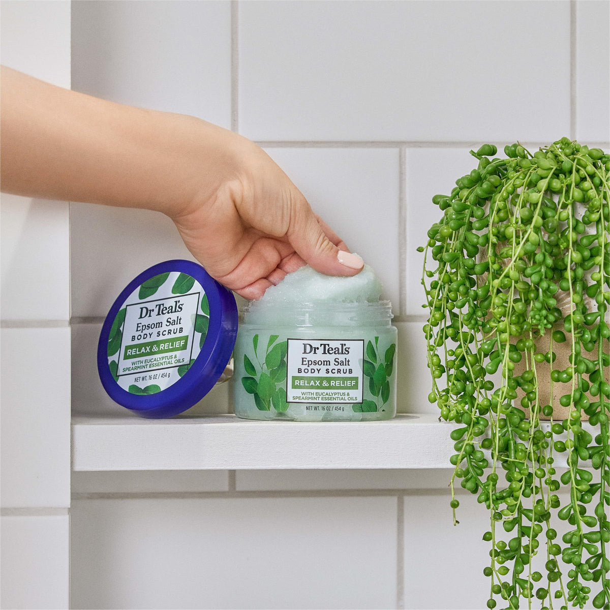 Dr Teal's tub on bathroom shelf suggesting at-home spa benefit