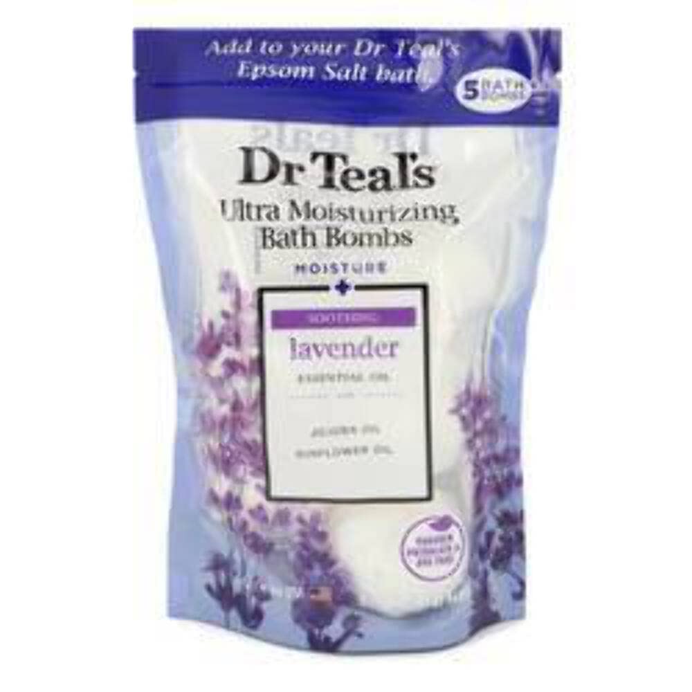 Dr Teal's lavender bath bomb front view showing moisturizing benefits