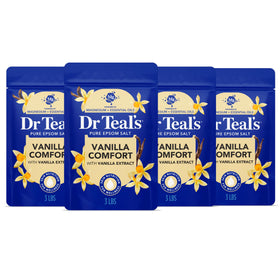 Dr Teal's tub front label showing vanilla comfort and benefits