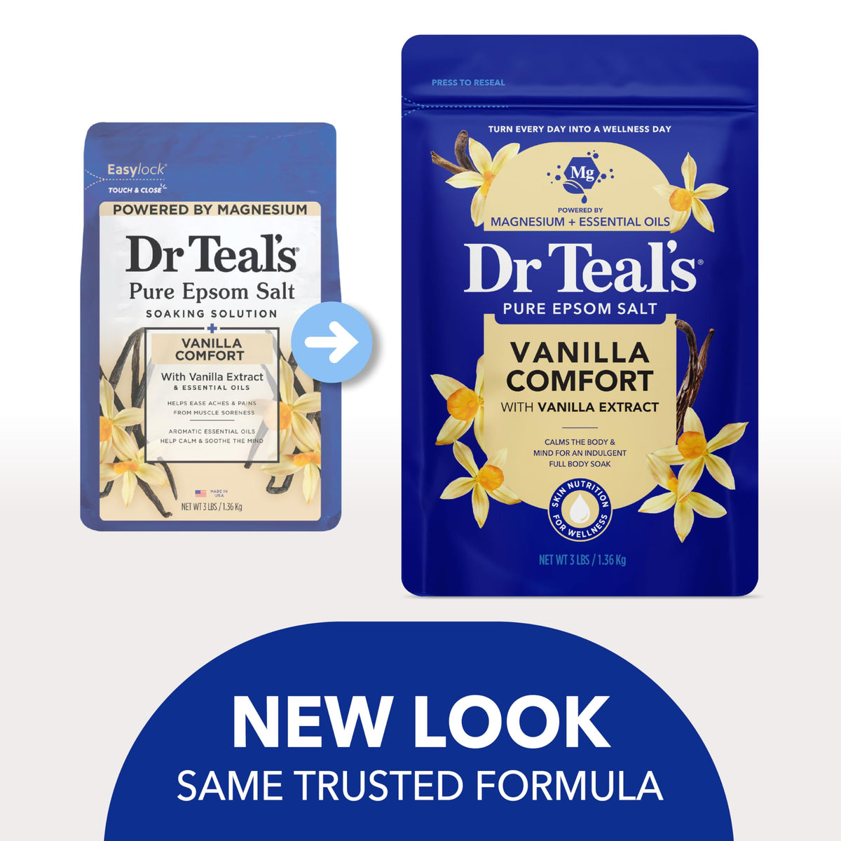 Dr Teal's open tub with visible label and scoop for easy use