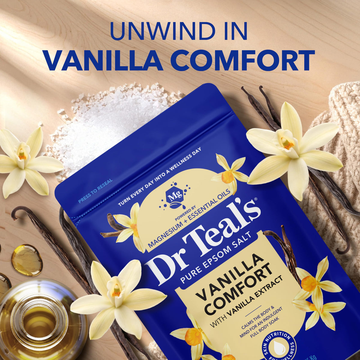 Dr Teal's pouring soak into bathtub for at-home spa relaxation
