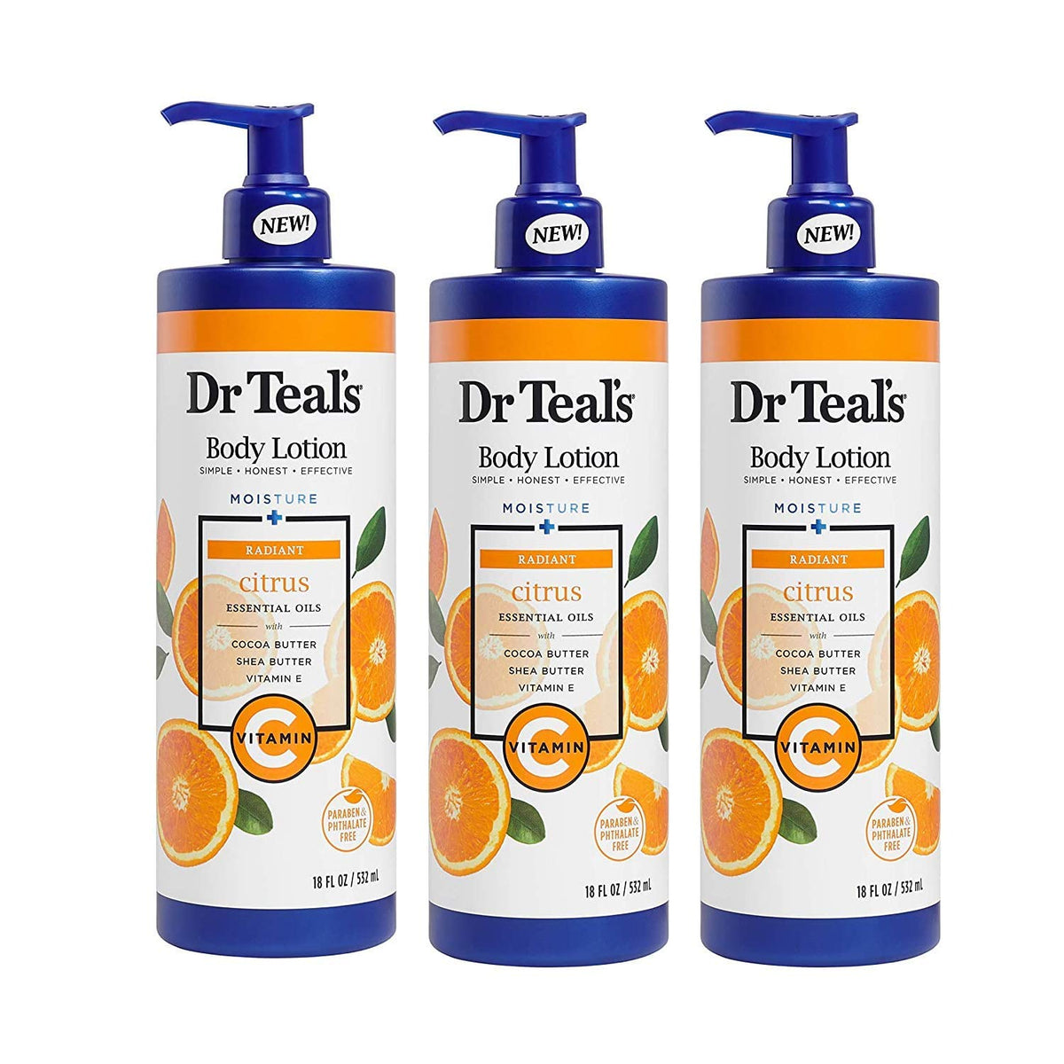 Dr Teal's front packaging showing three 18oz bottles and fresh citrus benefit