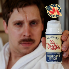 Dr. Tuggs lotion on a bathroom shelf for discreet everyday use