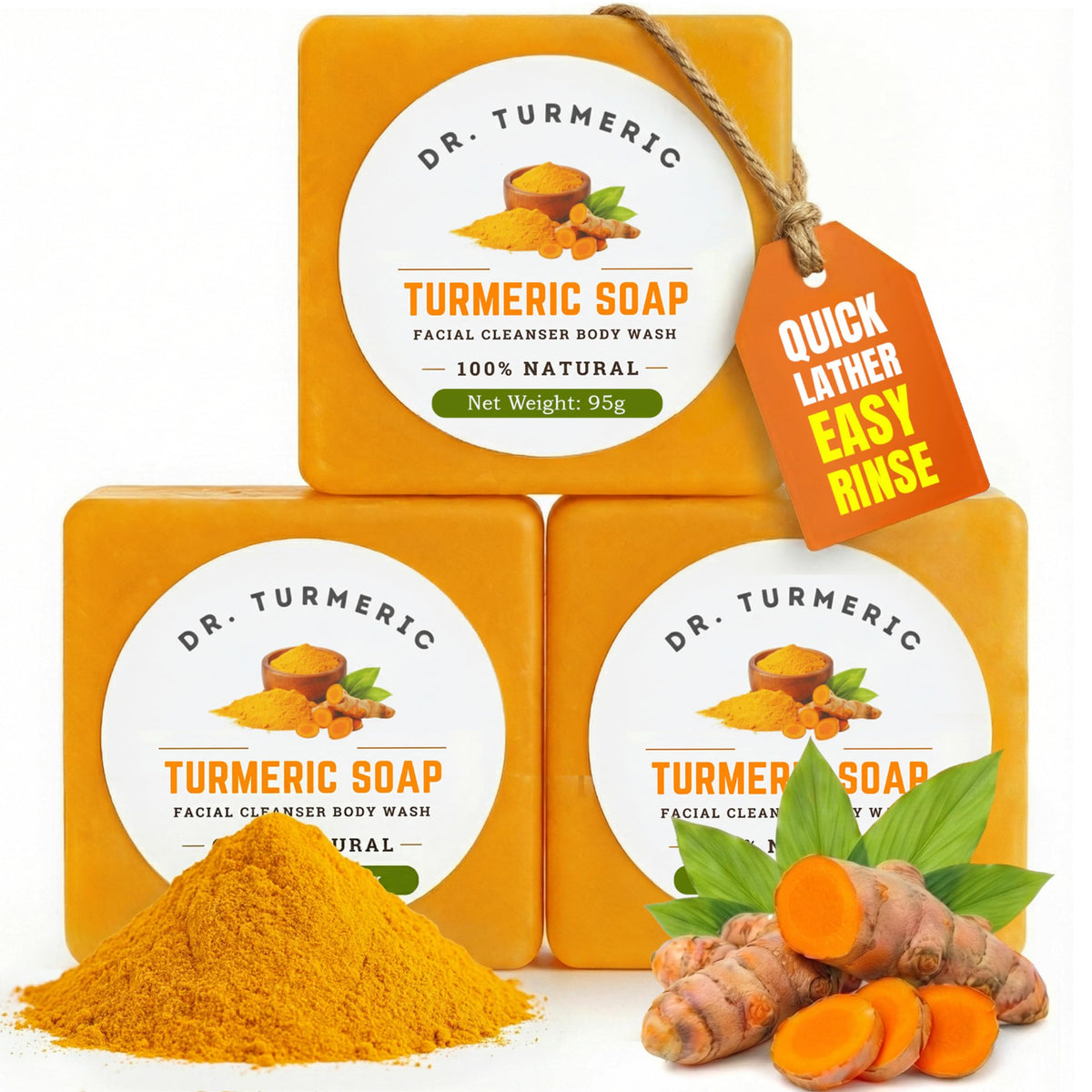 Dr. Turmeric front packaging showing bar and benefits for radiant skin