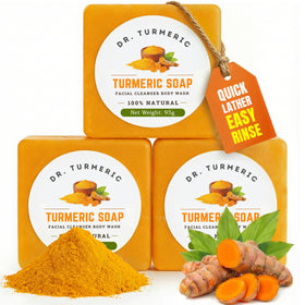 Dr. Turmeric front packaging showing bar and benefits for radiant skin