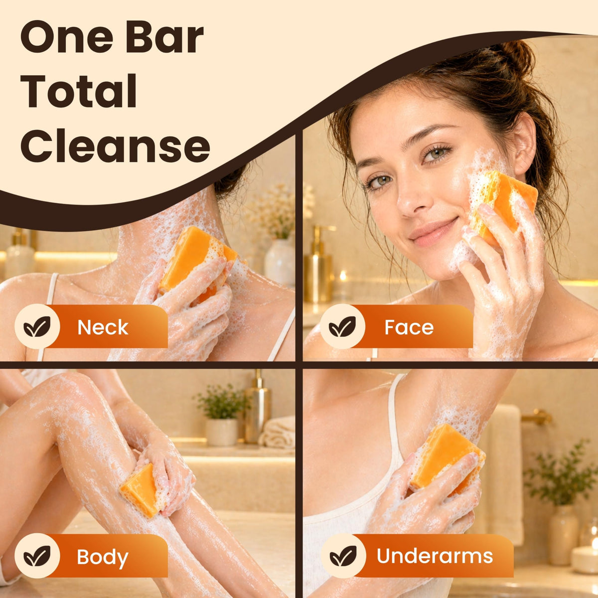 Dr. Turmeric soap on shower shelf conveying refreshing daily ritual