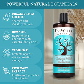 Close-up of Dr. Woods label highlighting unscented formula and natural ingredient callouts