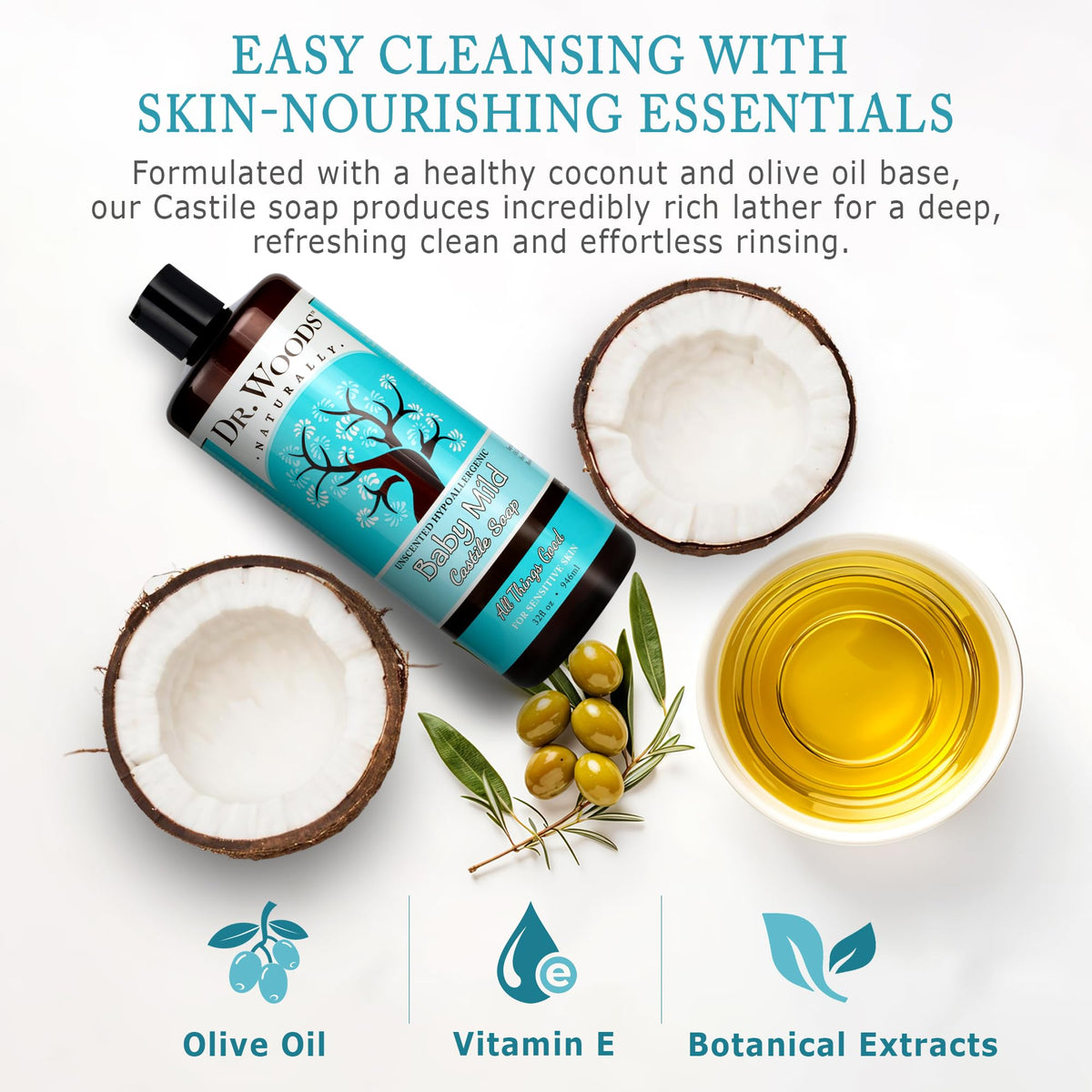 Hand holding soft foam from Dr. Woods soap to show gentle texture and quick rinsing