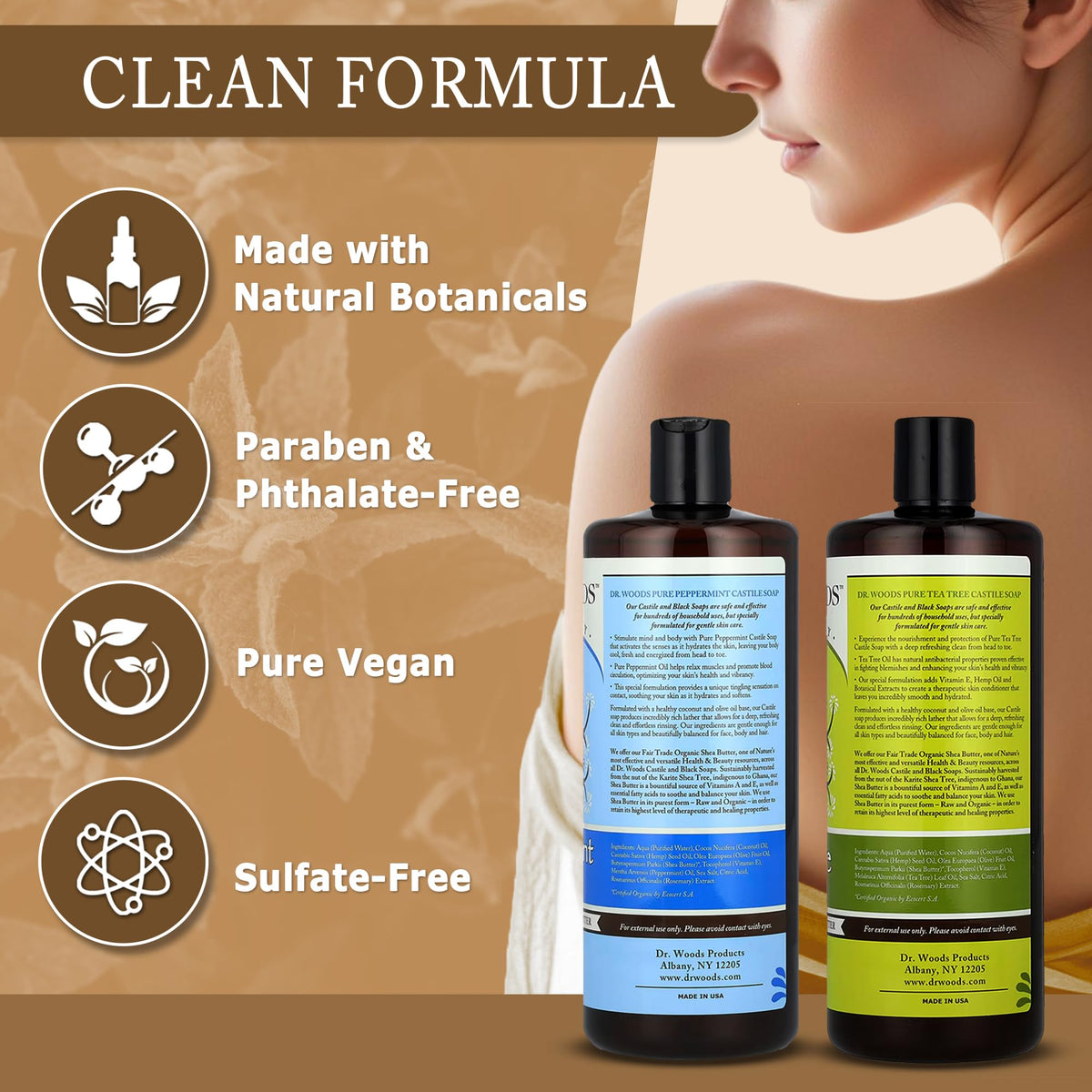 Dr. Woods bottle in bathroom setting conveying refreshing peppermint shower benefit